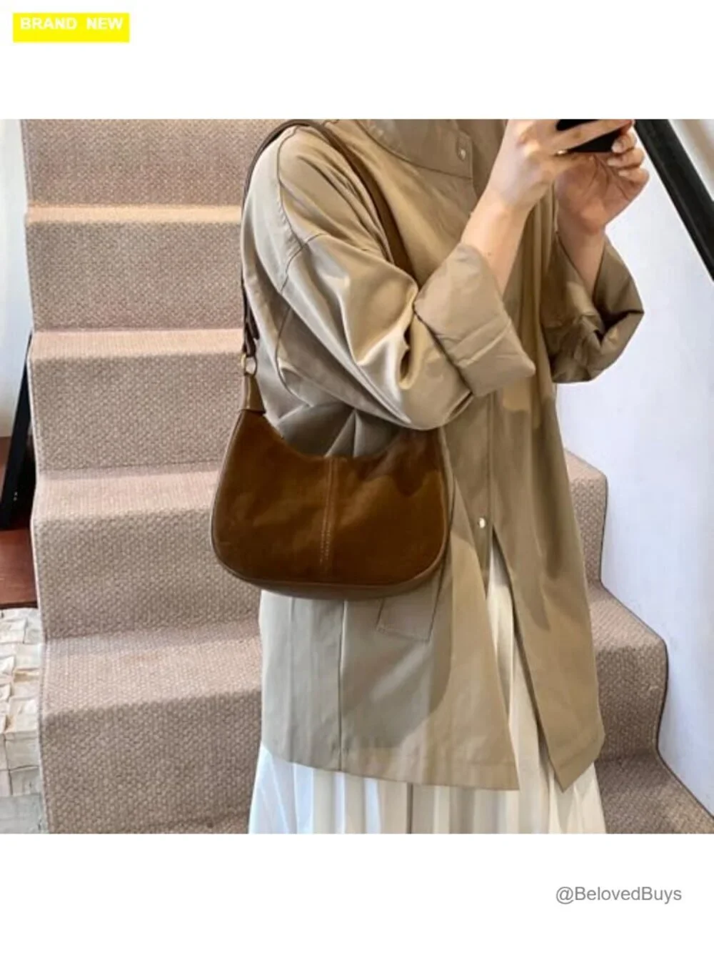Faux Suede Faux Leather Hobo Crossbody Shoulder Bag Zipper Pocket